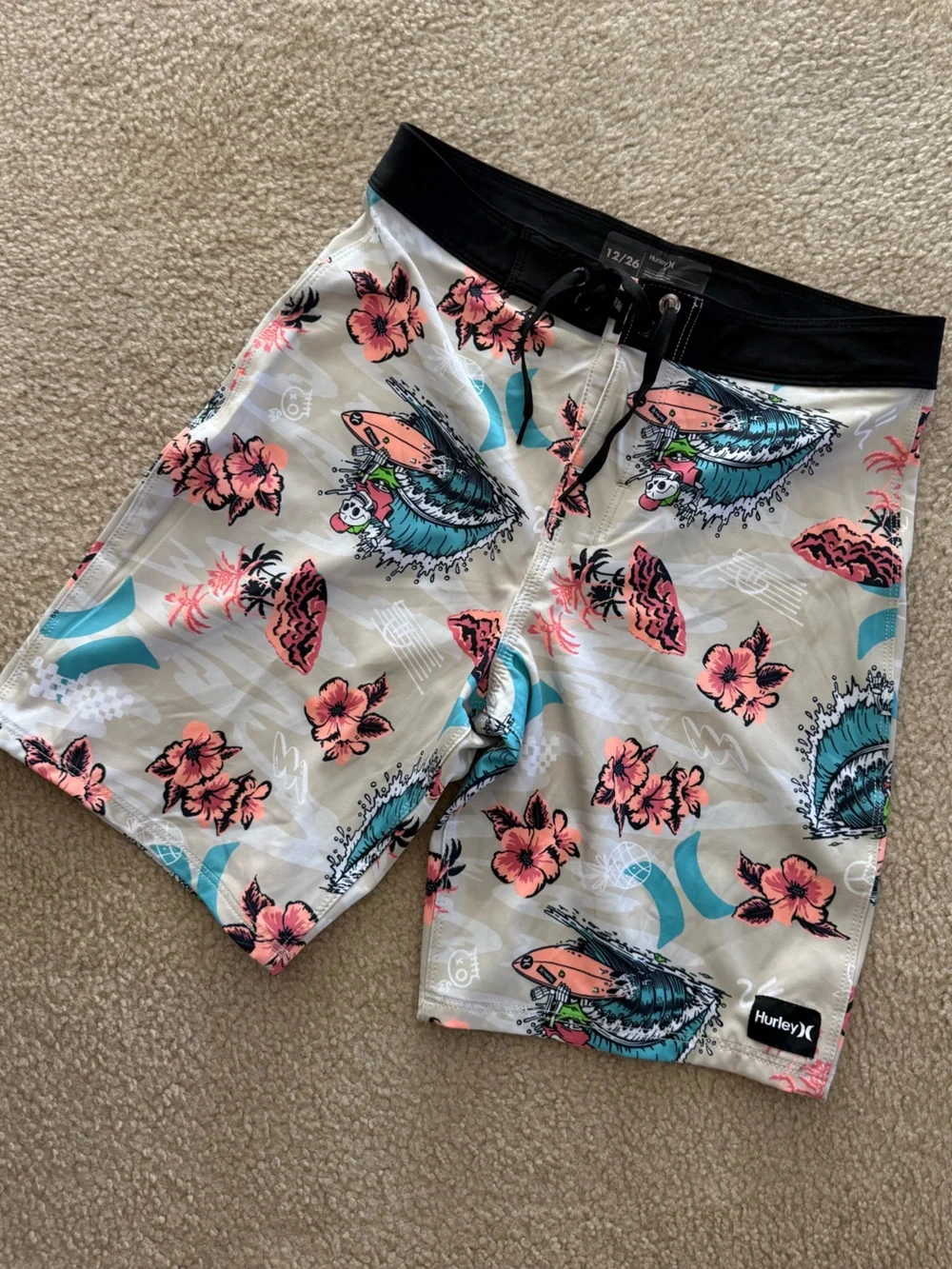 Hurley Boys Cream Boardshorts with Pink & Teal Floral Print